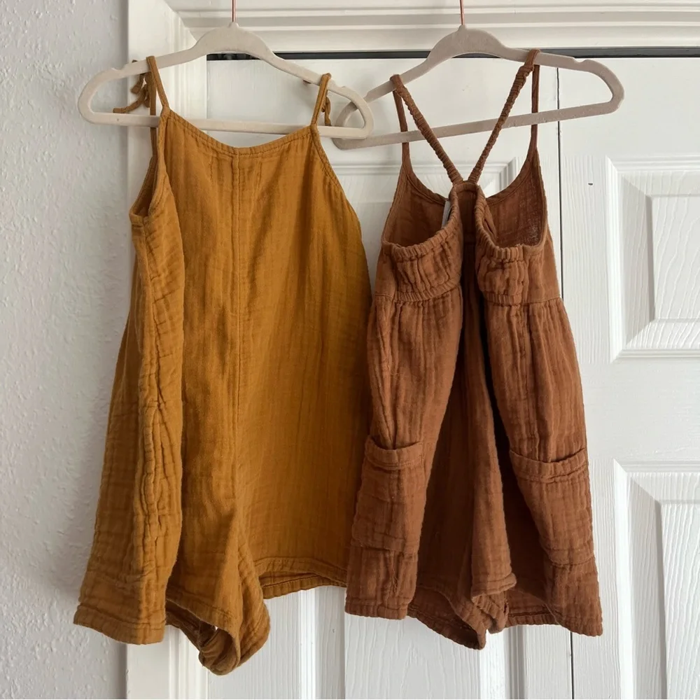 Old Navy Tan Brown and Gold Muslin Cotton Rompers